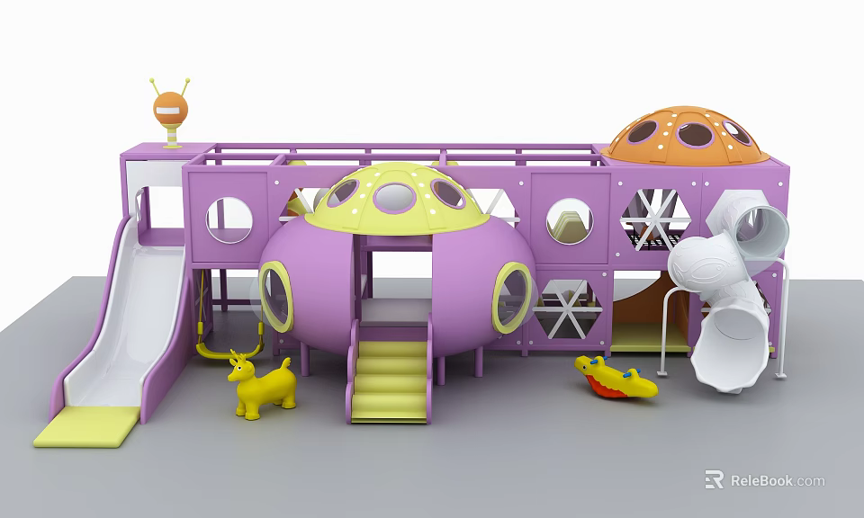 Purple Spaceship Shaped Children's Playground With Slide Animal Toys And Orange Dome 3d model 