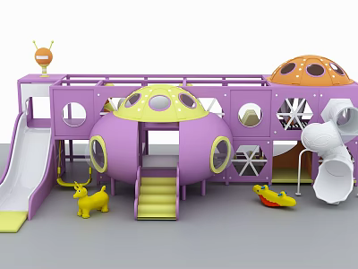 Purple Spaceship Shaped Children's Playground With Slide Animal Toys And Orange Dome 3d model