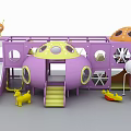 Purple Spaceship Shaped Children's Playground With Slide Animal Toys And Orange Dome