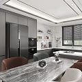 Modern Open Kitchen Interior With Gray Cabinets Marble Countertop Dining Table And Chairs 3d model