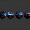 Colorful Spherical Decorative Ornament Set With Night Scene Reflections And Glossy Surfaces