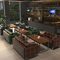 Modern Bar Interior Design With Wooden Tables Green Chairs And Open Layout