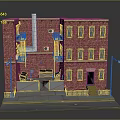 Red Brick Multi Story Building Model With Windows Chimney Fire Escape And Street Lamps