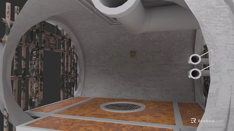 Industrial Interior With Concrete Walls Orange Flooring Circular Grille Textured Door And Pipes 3d model 