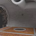 Industrial Interior With Concrete Walls Orange Flooring Circular Grille Textured Door And Pipes