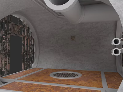 Industrial Interior With Concrete Walls Orange Flooring Circular Grille Textured Door And Pipes 3d model