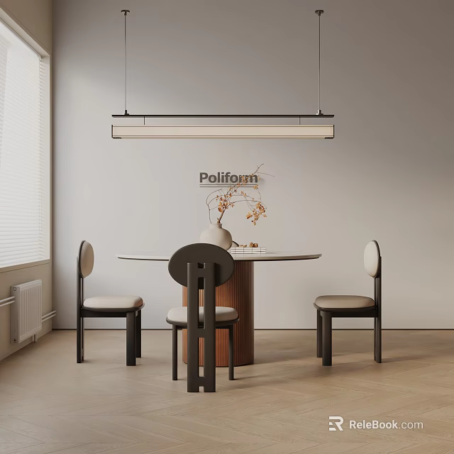 Dining Table Set Round Wooden Base Light Colored Chairs Pendant Light Window Blinds Background 3d model