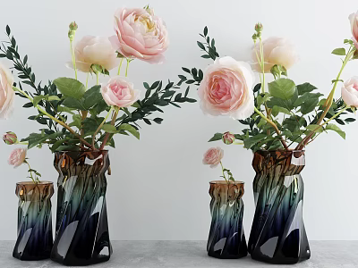Elegant Pink Roses in Dark Gradient Vases with Green Leaves on Gray Surface 3d model