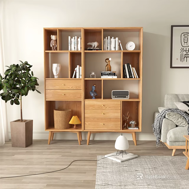Natural Wood Bookshelf With Multiple Shelves Drawers Books And Decorative Items 3d model 