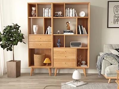 Natural Wood Bookshelf With Multiple Shelves Drawers Books And Decorative Items 3d model