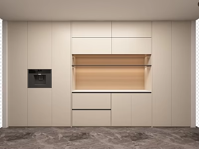 Modern Restaurant Kitchen With Beige Cabinets Open Shelf And Gray Marble Floor 3d model
