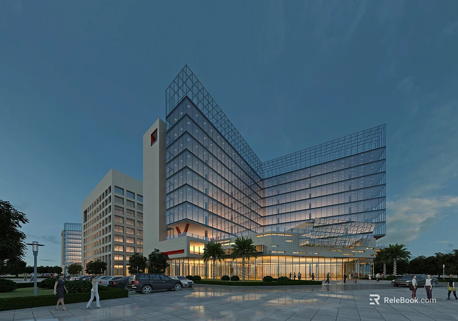 Modern Tall Hospital Building With Glass Facade Evening Lighting Plaza And Palm Trees 3d model 