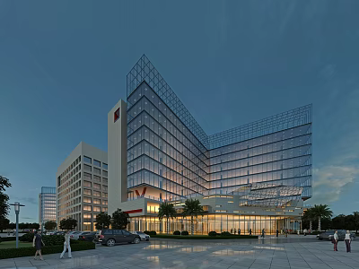 Modern Tall Hospital Building With Glass Facade Evening Lighting Plaza And Palm Trees 3d model