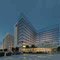 Modern Tall Hospital Building With Glass Facade Evening Lighting Plaza And Palm Trees