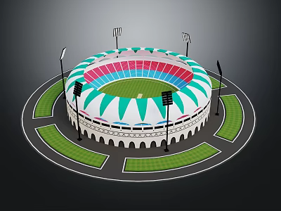 Cartoon Round Stadium Scene with Colorful Seats White Exterior and Green Surroundings and Light Poles 3d model
