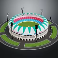 Cartoon Round Stadium Scene with Colorful Seats White Exterior and Green Surroundings and Light Poles
