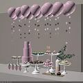 Decorative Ornaments Set with Pink Balloons Star Decorations Dessert Stands Layered Cake and Green Plants