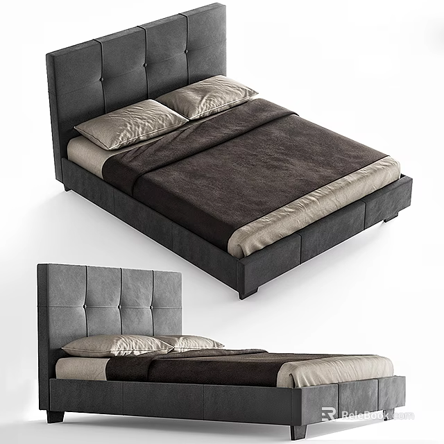 Modern Tufted Double Bed With Gray Upholstered Headboard And Beige Bedspread 3d model