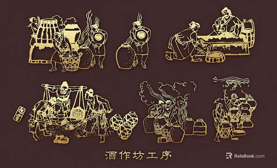 Detailed Silhouette Art of Traditional Wine Workshop Brewing Processes And Steps 3d model 