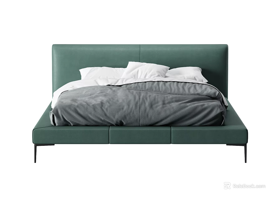 Modern Double Bed With Green Headboard White Pillows And Gray Comforter 3d model