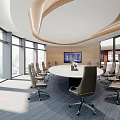 Modern Conference Room With Round Table Comfortable Chairs Large Windows TV Screen And Wooden Walls