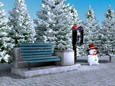 Outdoor Bench In Winter Scene With Snow Covered Trees Telephone Booth And Snowman 3d model