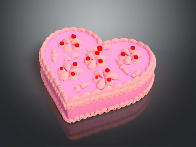 Heart Shaped Pink Cake With Smooth Frosting Flower Decorations And Cherries 3d model