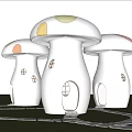 Whimsical Mushroom Shaped Buildings In Park Landscape With Trees And Pathways 3d model
