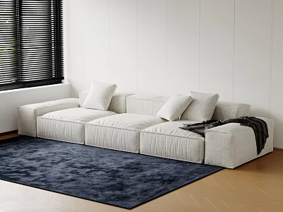 Light Colored Fabric Three Seater Sofa With Pillows Throw Blanket On Navy Blue Rug Wooden Floor White Wall 3d model