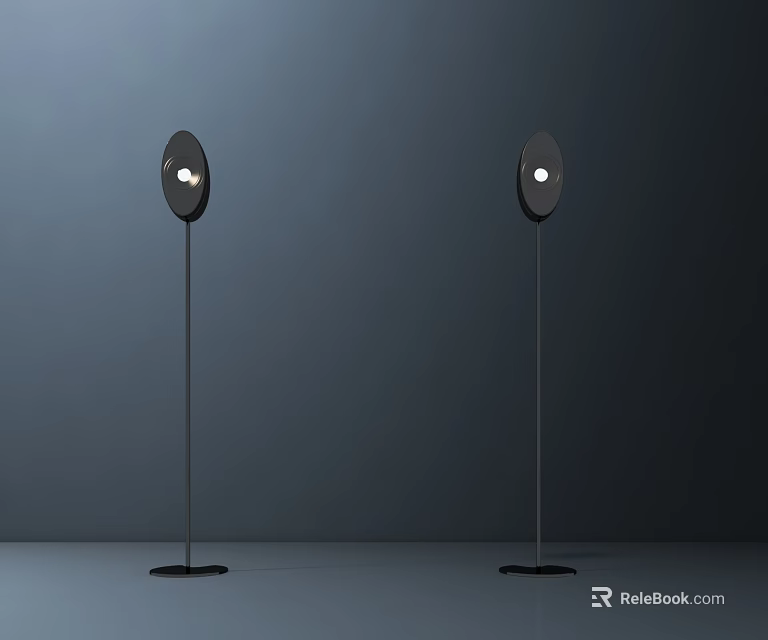 Two Black Floor Lamps With Round Lampshades And Circular Bases On Gray Background 3d model 