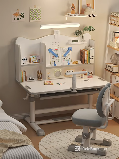 Ergonomic Children's Chair For Kids Learning Space With Study Desk Lamp Books And Stationery 3d model 