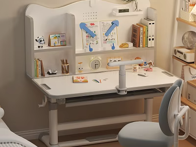 Ergonomic Children's Chair For Kids Learning Space With Study Desk Lamp Books And Stationery 3d model
