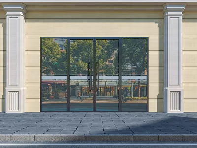 Modern Building Entrance With Reflective Glass Doors White Columns And Stone Pavement 3d model