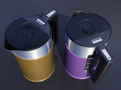 Kitchen Utensil Set Gold And Purple Electric Kettles With Black Lids Handles Measurement Marks 3d model
