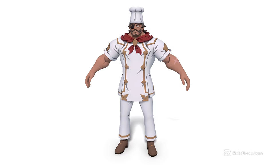 Man Dressed As Chef In White Uniform With Chef Hat Red Scarf And Gold Accents 3d model 