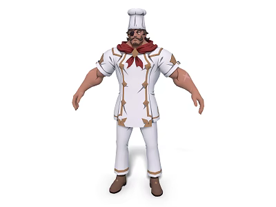 Man Dressed As Chef In White Uniform With Chef Hat Red Scarf And Gold Accents 3d model
