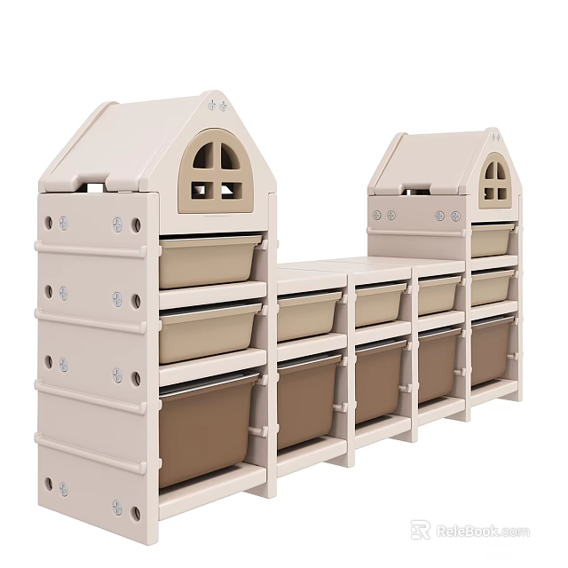 Beige House Shaped Storage Units With Multiple Compartments For Kids 3d model 