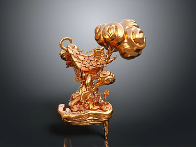 Golden Traditional Sculpture With Intricate Carvings Cloud Patterns And Dragon Shaped Ornate Base 3d model