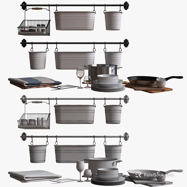 Organized Kitchenware Setup With Hanging Pots Buckets Dishes Frying Pan And Wine Glass 3d model 