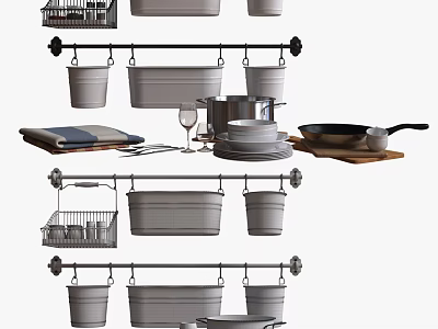 Organized Kitchenware Setup With Hanging Pots Buckets Dishes Frying Pan And Wine Glass 3d model