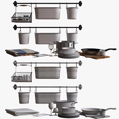 Organized Kitchenware Setup With Hanging Pots Buckets Dishes Frying Pan And Wine Glass 3d model