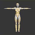 Futuristic Female Robot Game Movie Character with Gold and Silver Metallic Armor and Arms Outstretched