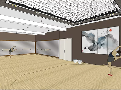 People Practicing Yoga in Spacious Fitness Studio With Mirror Walls Wooden Floors and Decorative Paintings 3d model