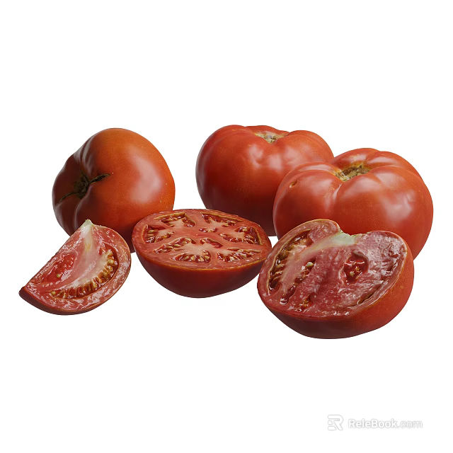 Fresh Plump Red Tomatoes Including Whole And Sliced Varieties On White Background 3d model 