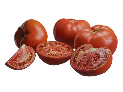 Fresh Plump Red Tomatoes Including Whole And Sliced Varieties On White Background 3d model