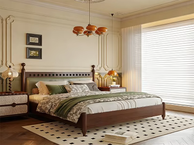 Classic Bedroom Interior With Wooden Headboard Green Bedding Nightstands Blinds And Area Rug 3d model