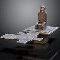Ancient Stone Ritual Seat With Red Ornament On Elevated Platform And Extended Slabs