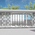 Modern White Pergola Featuring Laser Cut Patterns Green Trees And Leisure Space For People