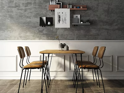 Wooden Dining Table Set With Four Chairs And Decorative Shelves On Grey Wall Interior 3d model