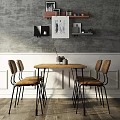 Wooden Dining Table Set With Four Chairs And Decorative Shelves On Grey Wall Interior